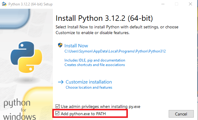 Okno instalacyjne języka python