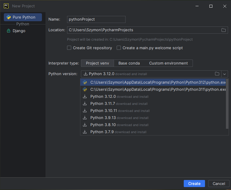 ustawienia projektu pycharm